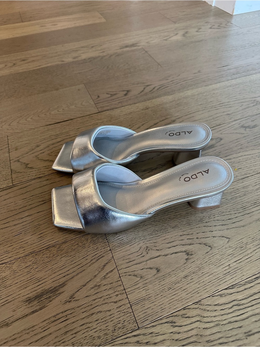 ALDO Silver Metallic Square-Toe Low Block Heel Mule